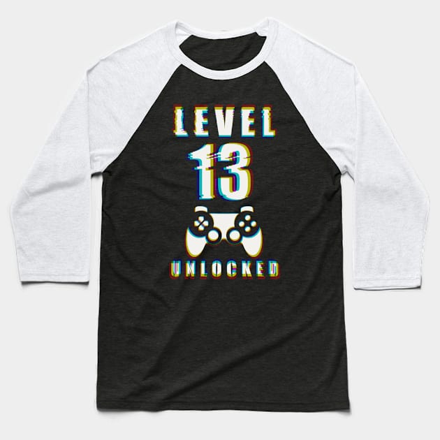 LEVEL 13 UNLOCKED- Funny Glitch Effect Game Controller Design Baseball T-Shirt by IceTees